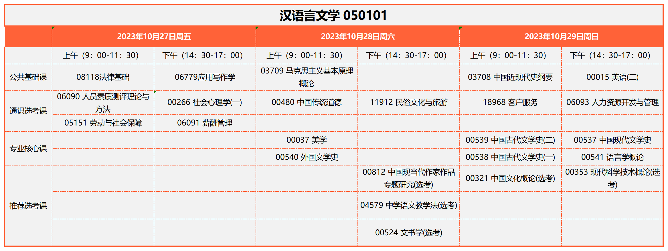 2023年10月湖北自考汉语言文学050101考试安排 2023年10月湖北自考汉语言文学050101考试安排