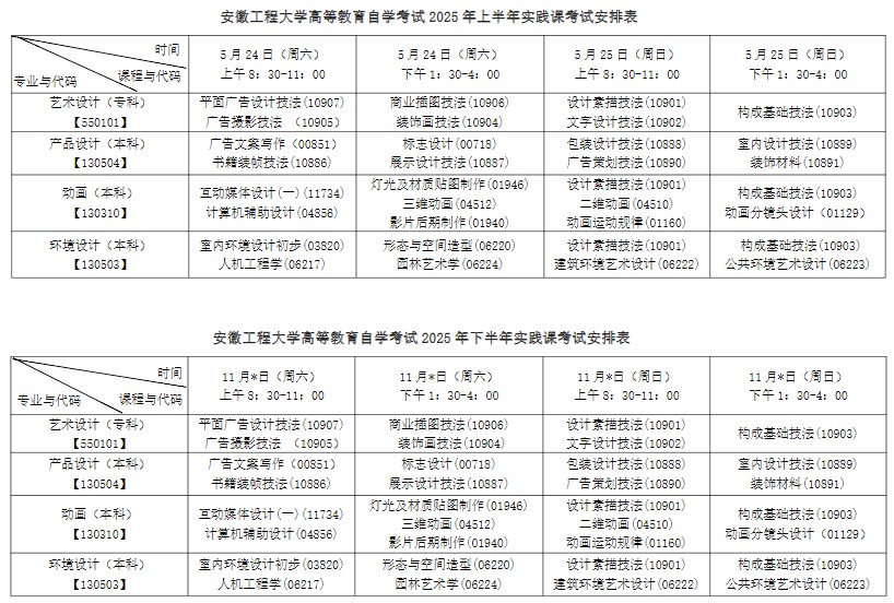 2025年安徽工程大学自考实践课考试安排 2025年安徽工程大学自考实践课考试安排
